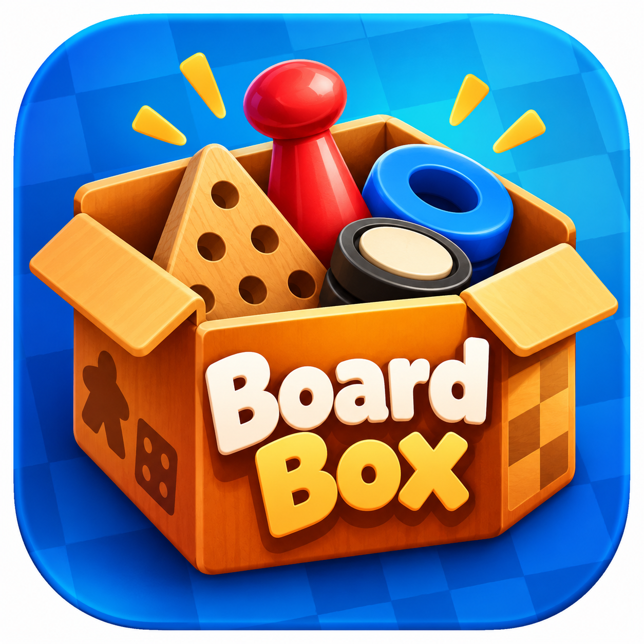 Board Box app icon featuring a box of colorful tabletop game pieces