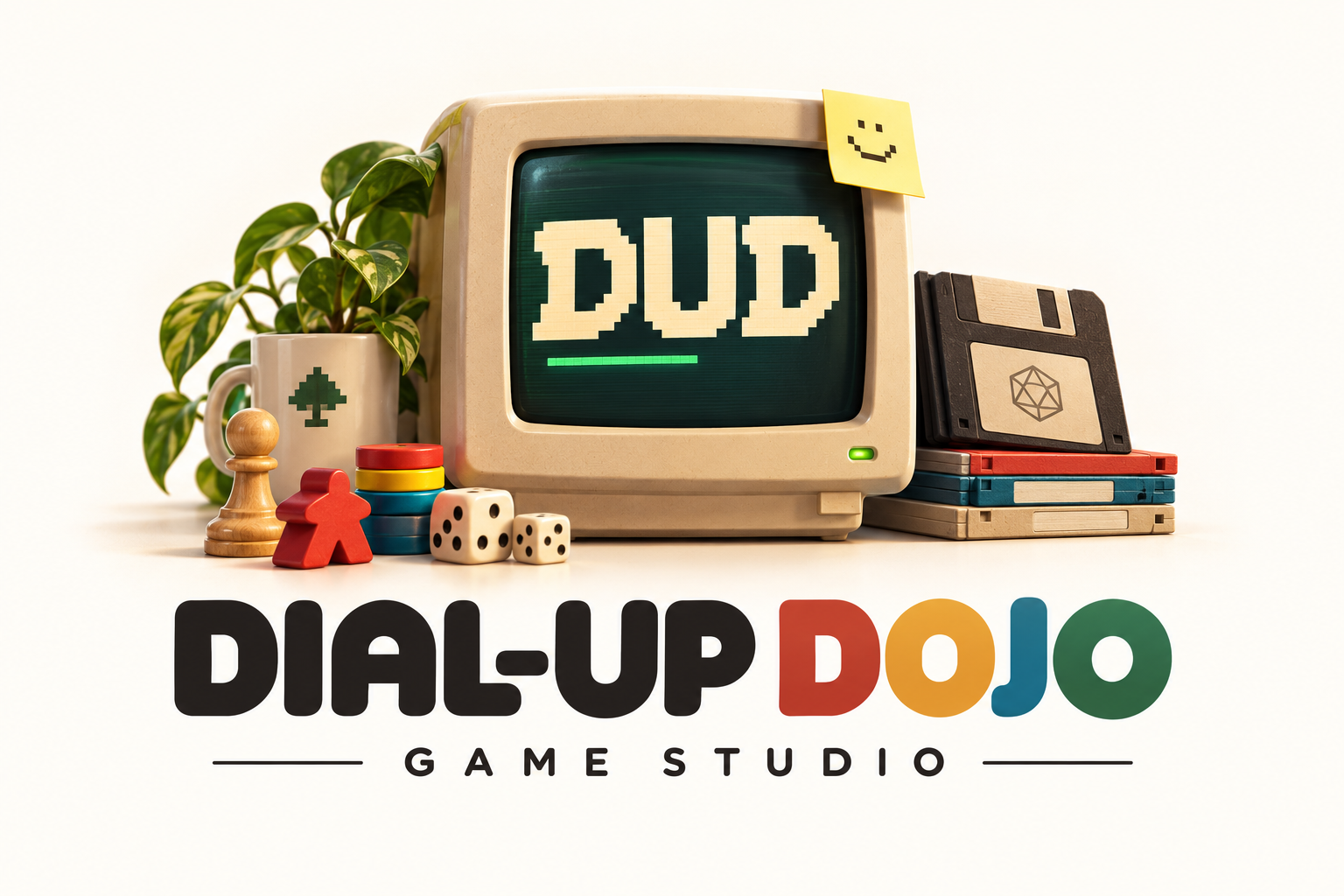 Dial-up Dojo game studio logo with a retro computer and tabletop game pieces